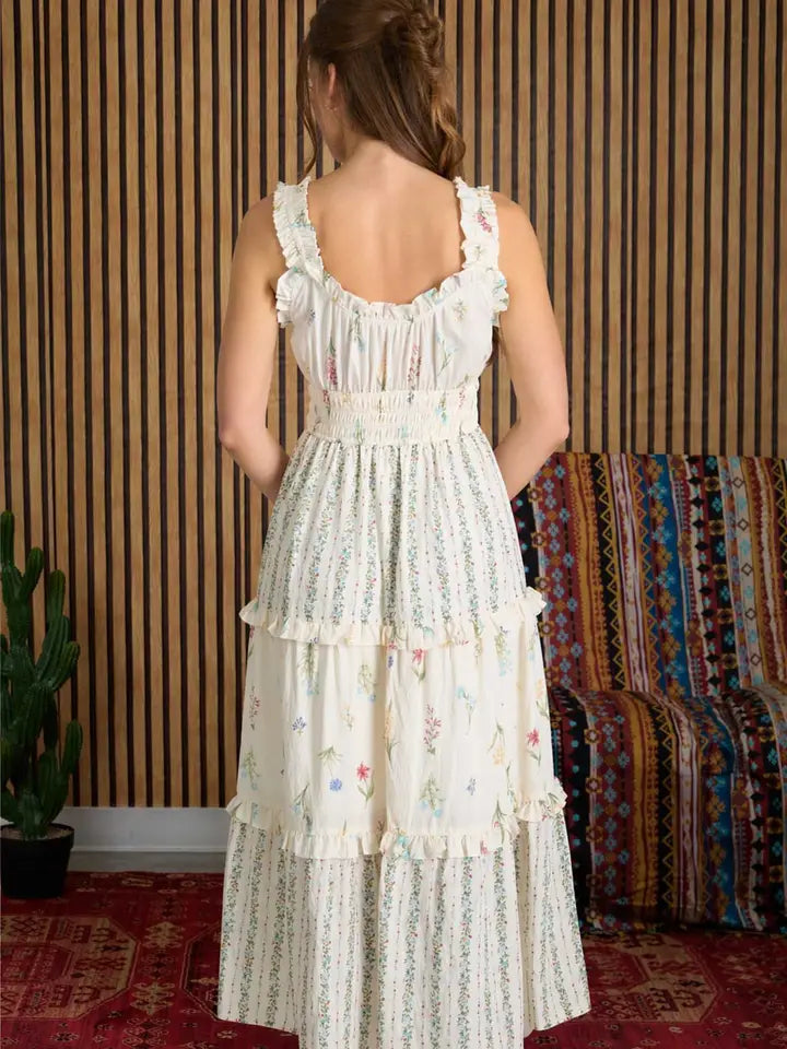 Floral Colorblock Ruffled Tiered Midi Dress