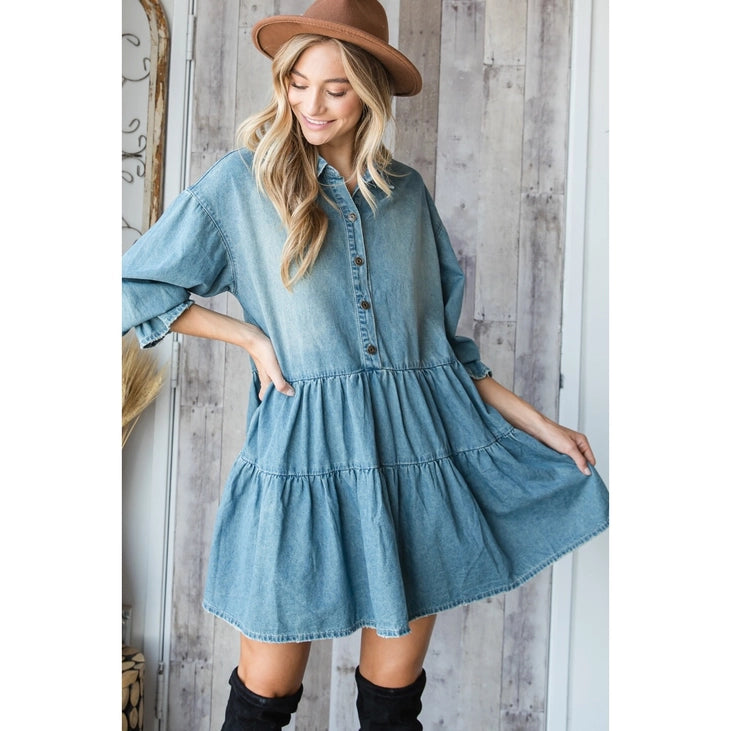 VEVERET Washed Denim Shirt Mini Dress