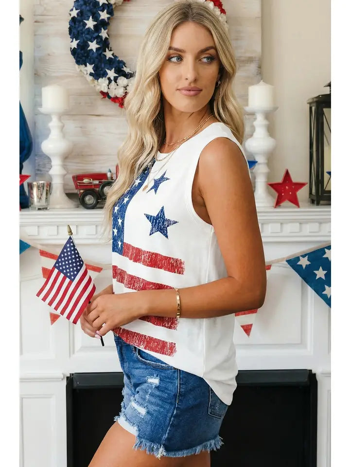 Vintage Stars and Stripes Printed Casual Tank Top
