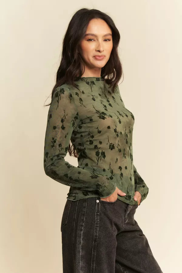 Floral Mesh Long Sleeve Sheer Layering Top- Army Green