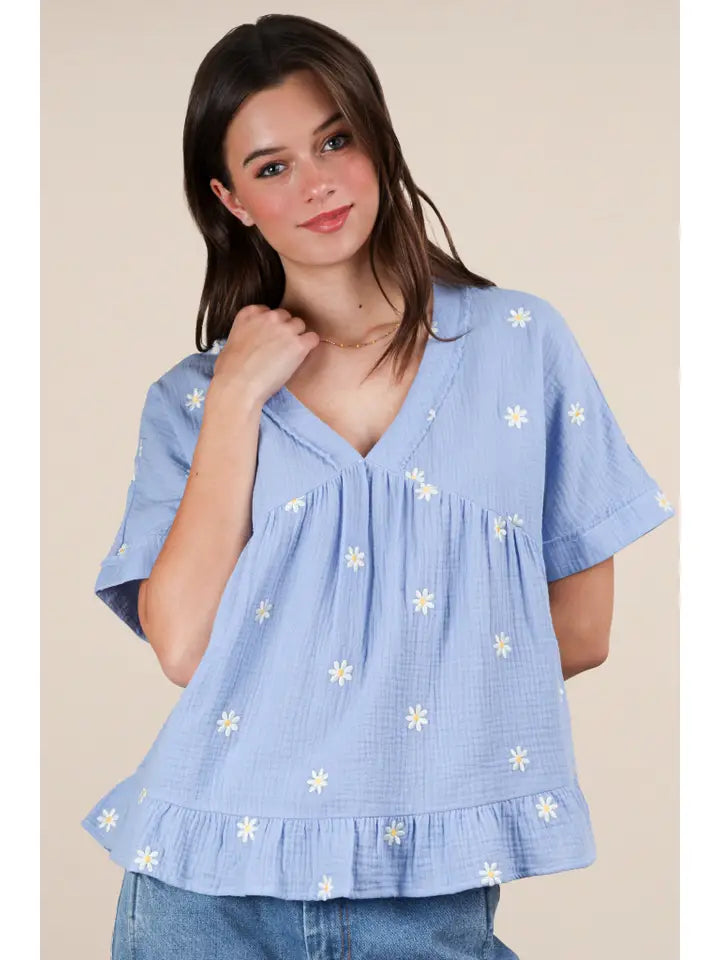 Flower Embroidered Woven Blouse