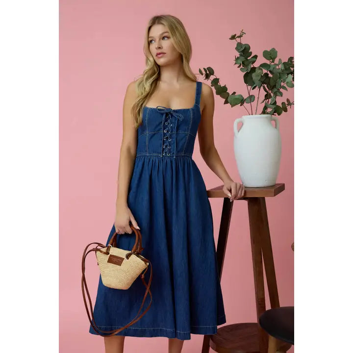 Lace Up Sleeveless Denim Midi Dress