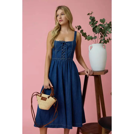 Lace Up Sleeveless Denim Midi Dress