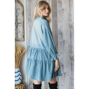 VEVERET Washed Denim Shirt Mini Dress