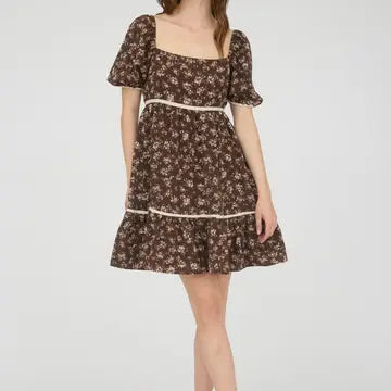 Floral Contrast Trim Detail Puff Sleeves Mini Dress