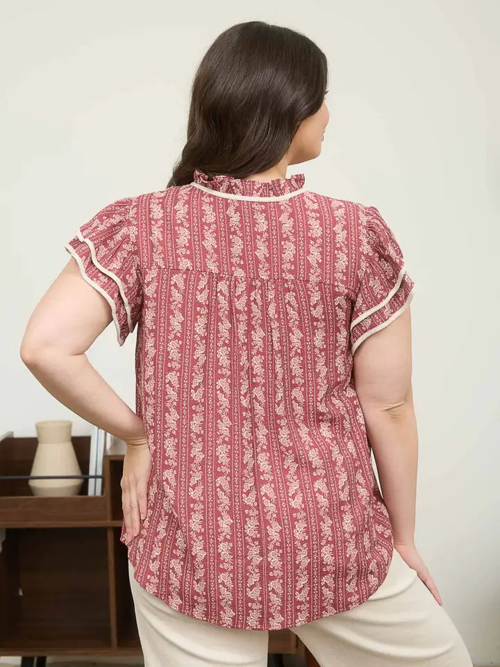 Plus Stripe Floral Pattern Tie Front Ruffle Top