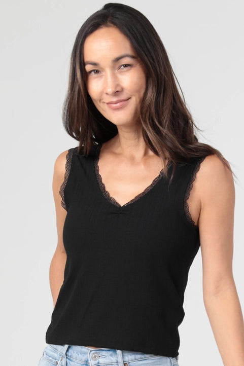 Rib Knit Cinch Bust Lace Trim Tank Top (Black)