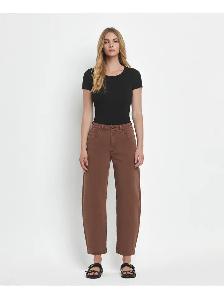 Super High Rise Brown Slim Barrel Jeans