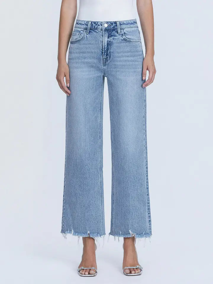 Mid Rise Frayed Hem Ankle Wide Leg Jeans