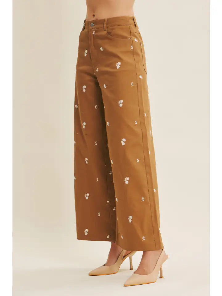 Embroidery Cotton Span Wide-Leg Stretchy Pants