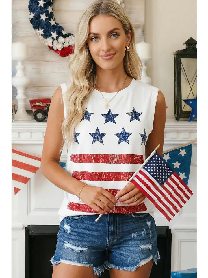 Vintage Stars and Stripes Printed Casual Tank Top