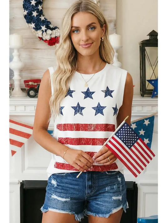 Vintage Stars and Stripes Printed Casual Tank Top