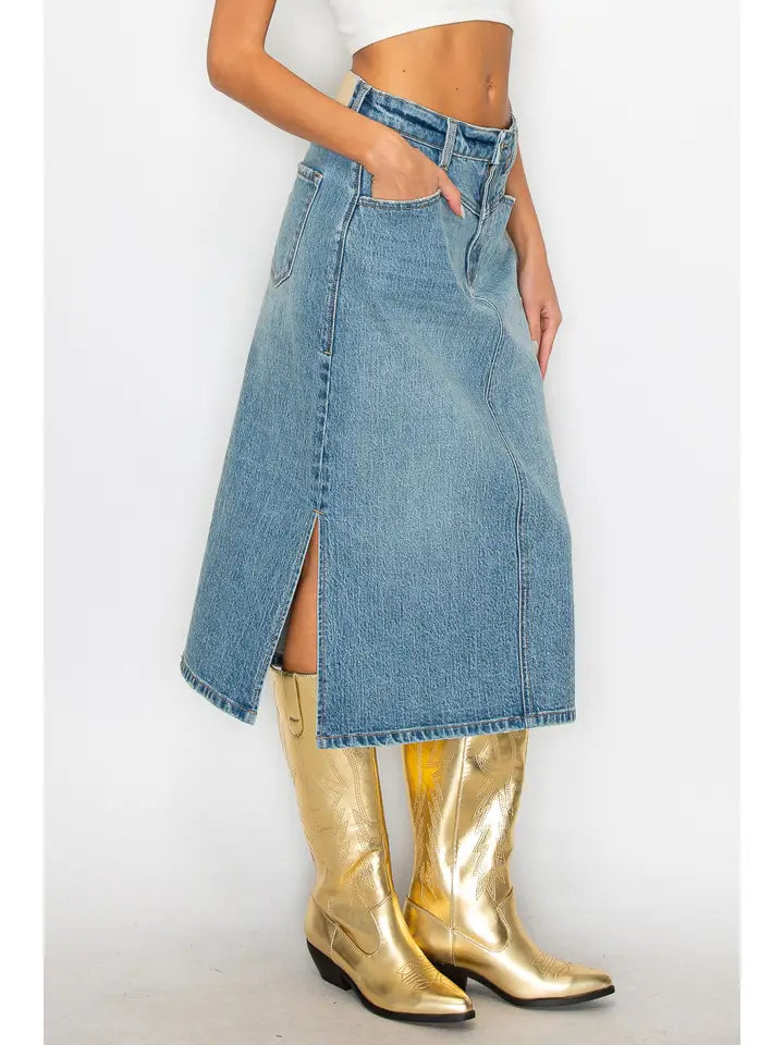 Artemis Vintage Denim Midi Side Slit Skirt