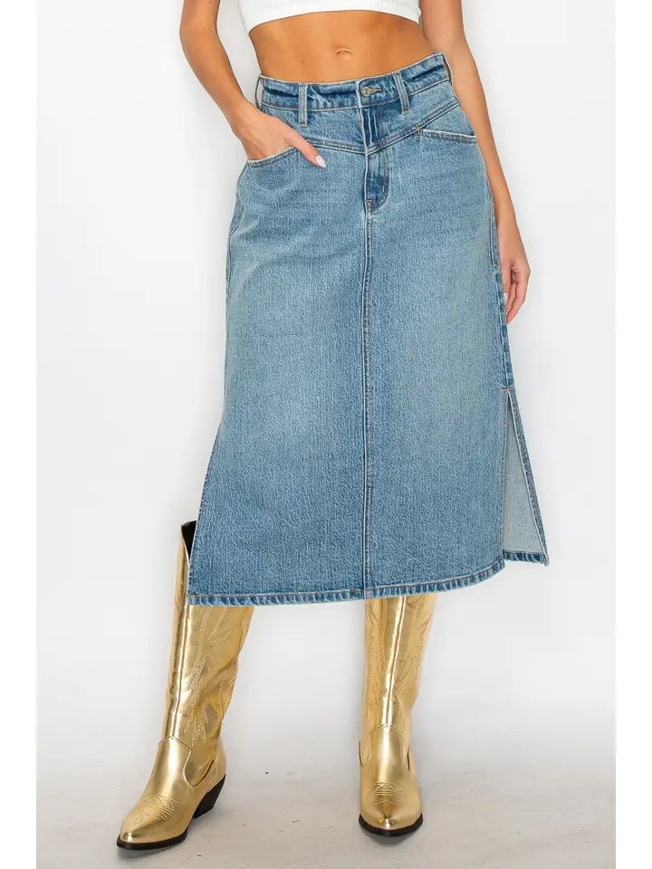 Artemis Vintage Denim Midi Side Slit Skirt