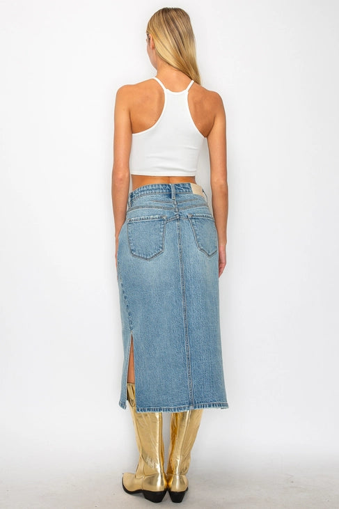 Artemis Vintage Denim Midi Side Slit Skirt