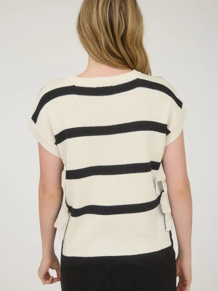Stripe Side Tie Short Sleeve Knit Sweater