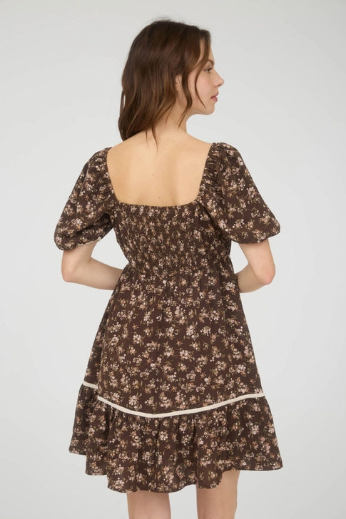 Floral Contrast Trim Detail Puff Sleeves Mini Dress