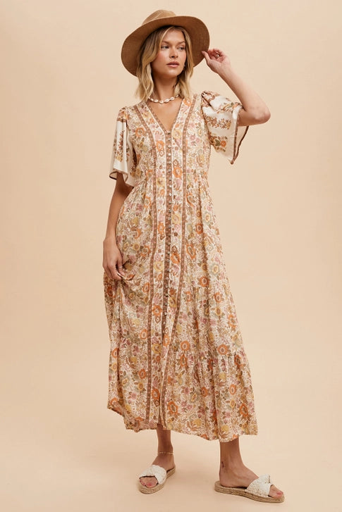 Border Print Button Front Midi Dress