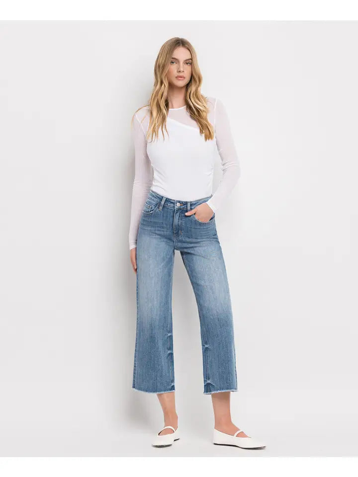 Super High Rise Raw Hem Crop Wide Leg Jeans