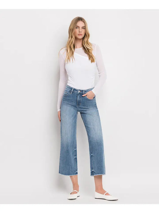 Super High Rise Raw Hem Crop Wide Leg Jeans