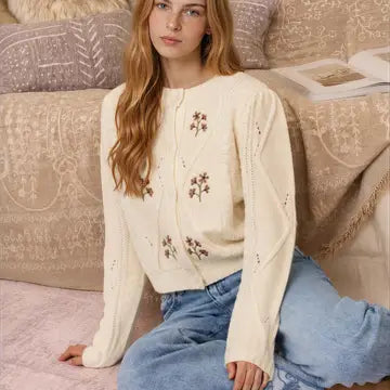 Floral Embroidered Cable Knit Button Down Cardigan