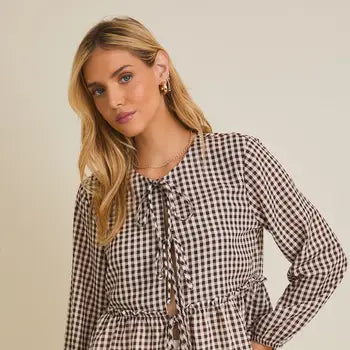 Front Tie Long Sleeve Check Top