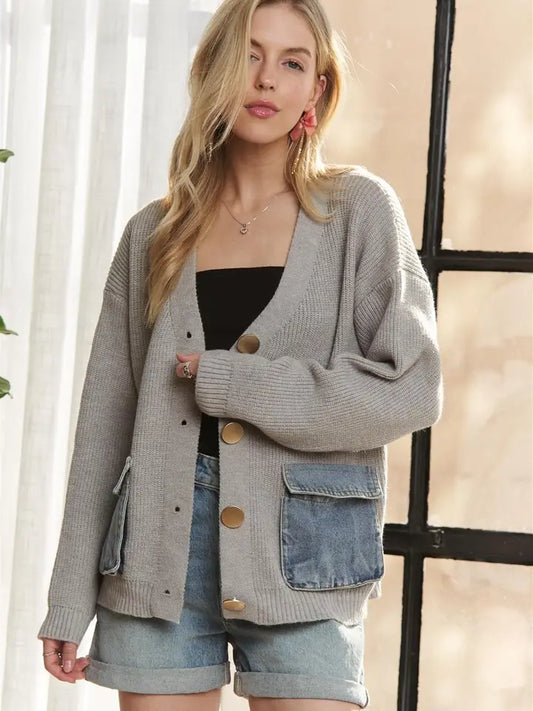 Oversized Knit Cardigan with Denim Pockets