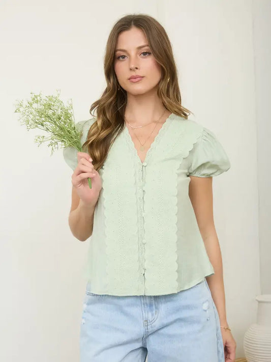 Lace Detail Puff Sleeve Button Down Blouse