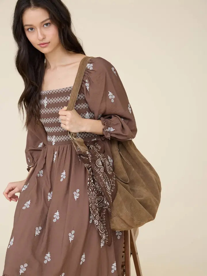 Floral Embroidery Long Sleeve Smocked Midi Dress
