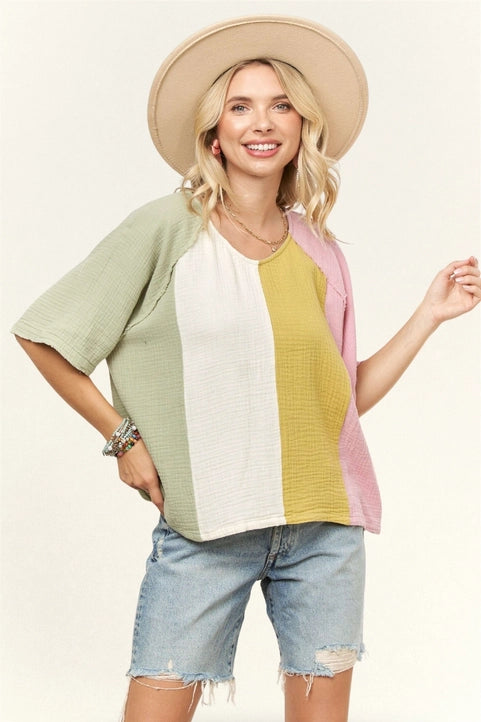 Drop Shoulder Washed Colorblock Top