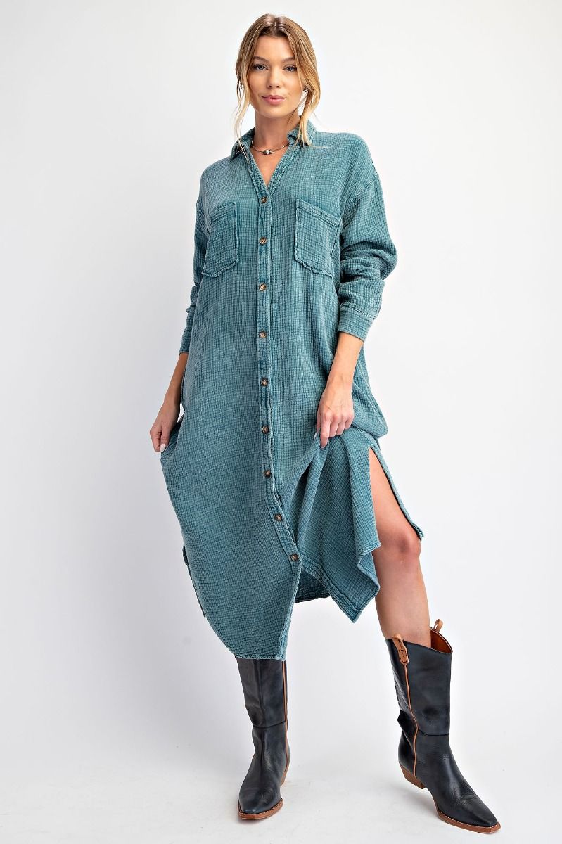 Washed Cotton Button Down Shirt Dress