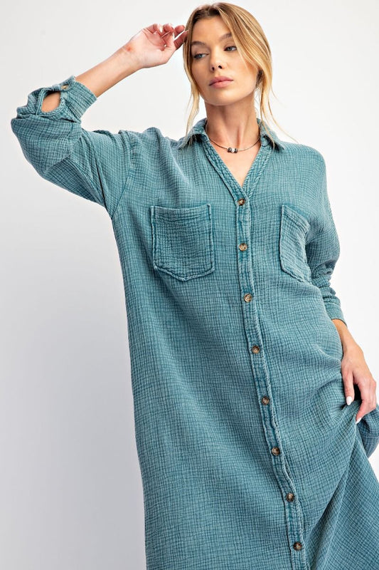 Washed Cotton Button Down Shirt Dress