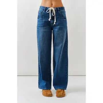 Drawstring Waist Bottom Fly Straight Jeans