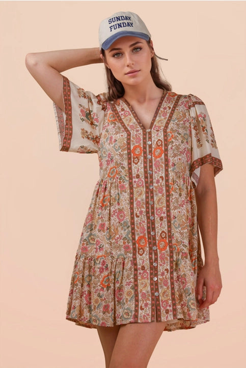 Shirring Detail Printed Woven Mini Dress