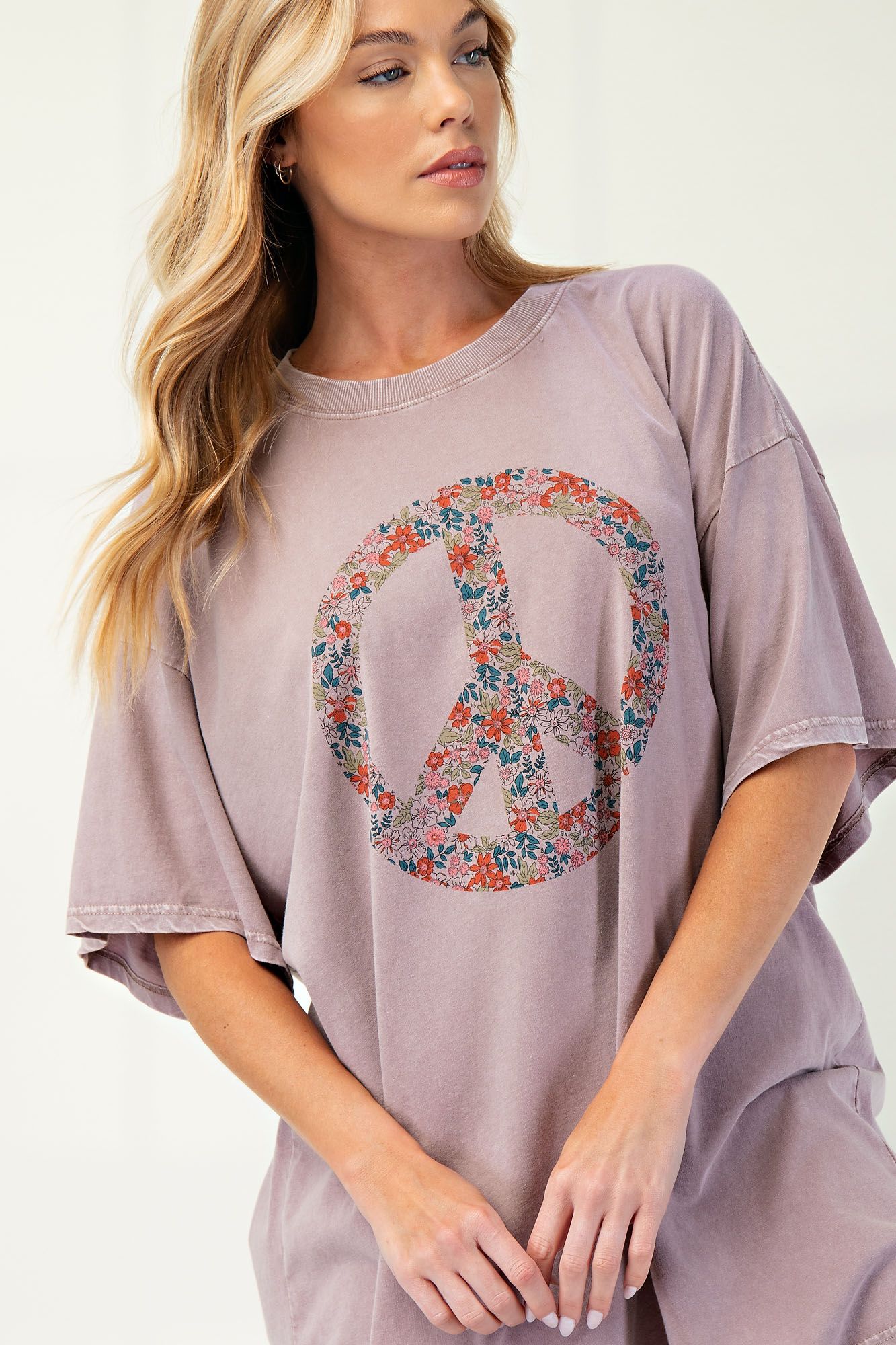 Mineral Washed Peace Print Self Distressed Top