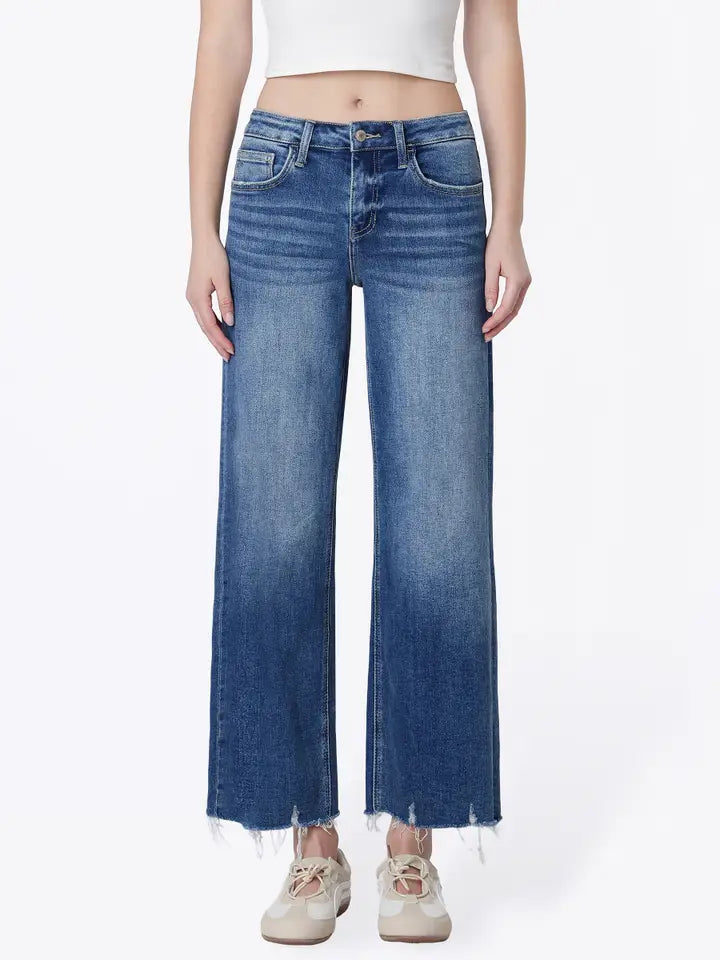 Plus Size Mid Rise Raw Hem Wide Jeans