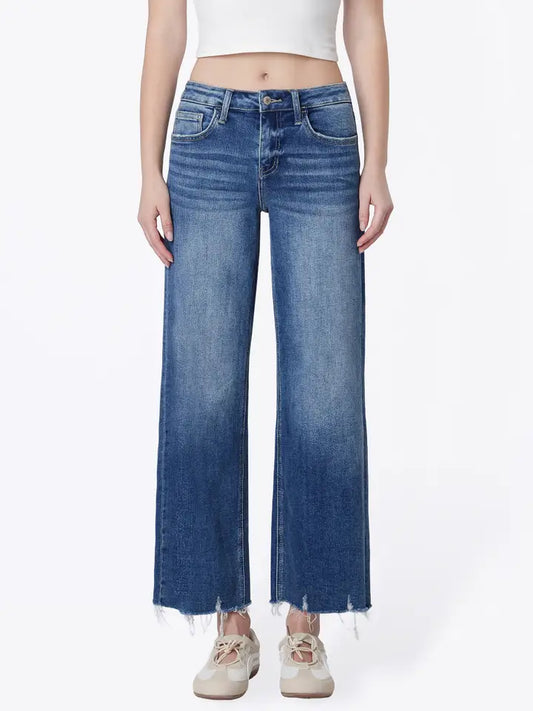 Plus Size Mid Rise Raw Hem Wide Jeans