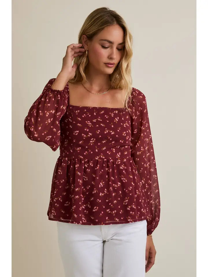 Square Neck Puff Long Sleeve Smocking Back Ditsy Top