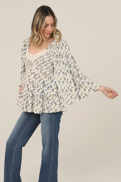 V Neck Smocked Bust Lace Trim Wide Bell Sleeve