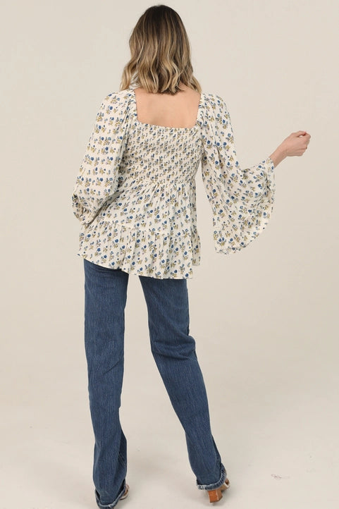 V Neck Smocked Bust Lace Trim Wide Bell Sleeve