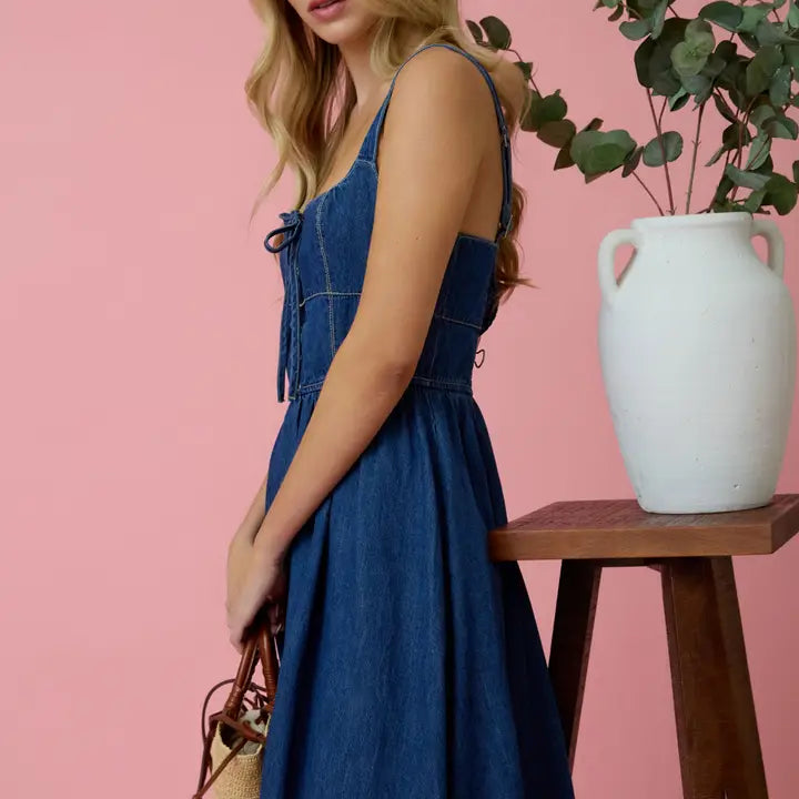 Lace Up Sleeveless Denim Midi Dress