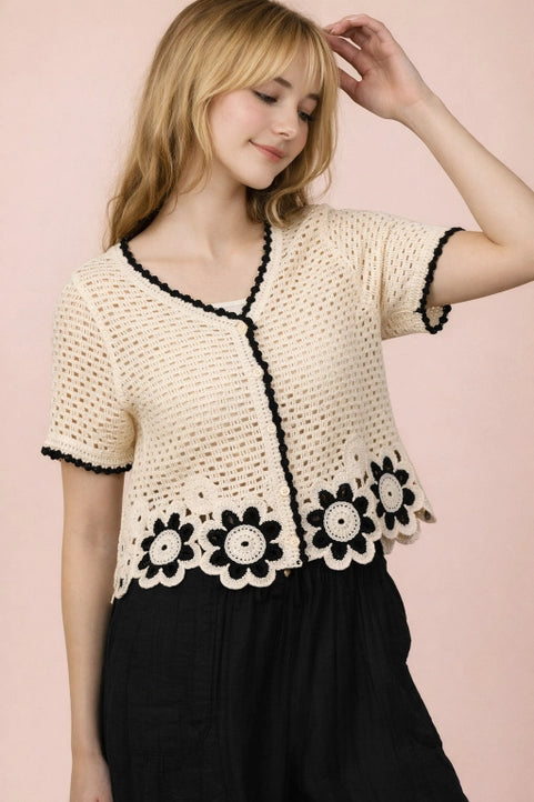 Floral Hem Crochet Button Down Top