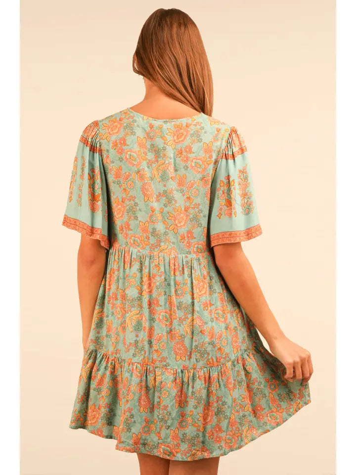 Blue Shirring Detail Printed Woven Mini Dress
