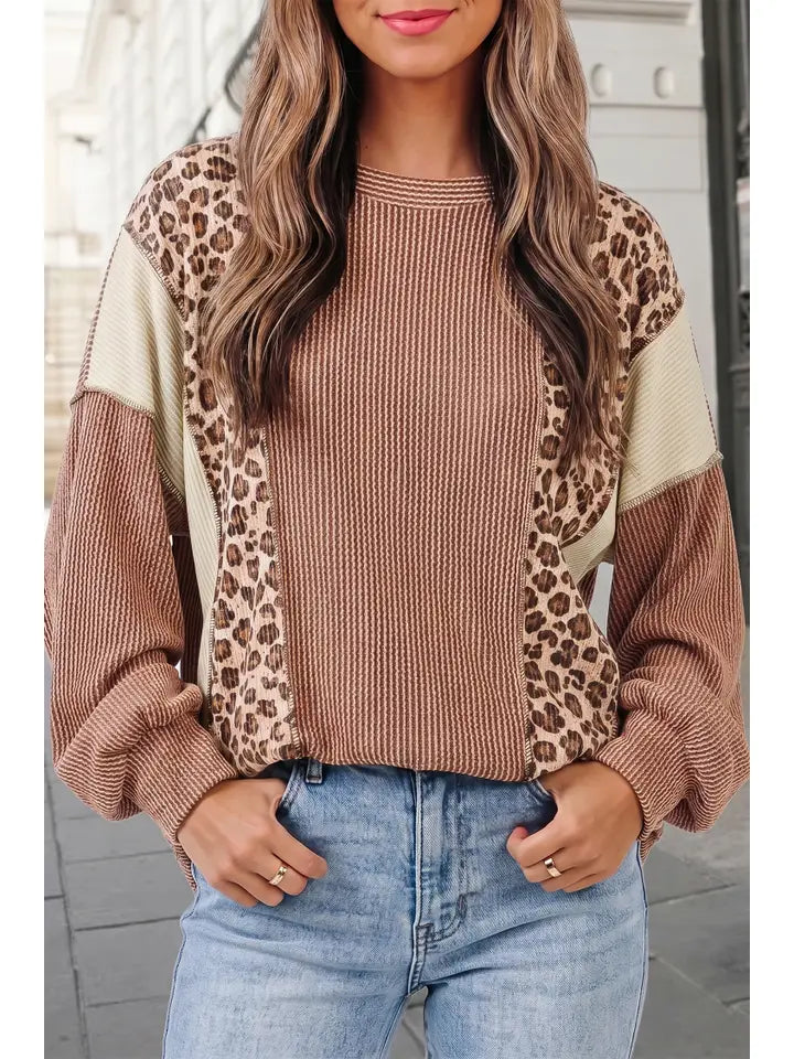 Leopard Print Colorblock Ribbed Knit Pullover Top