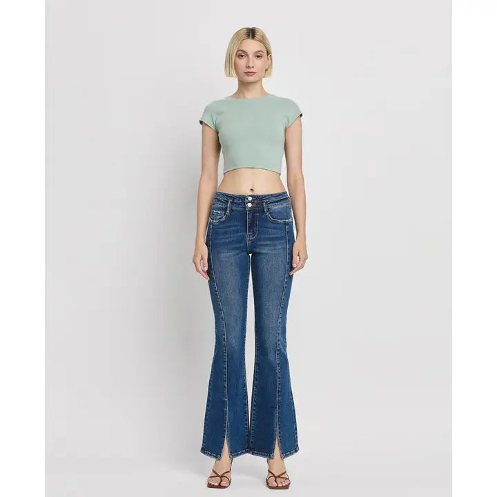High Rise Front Seam Slit Flare Jeans