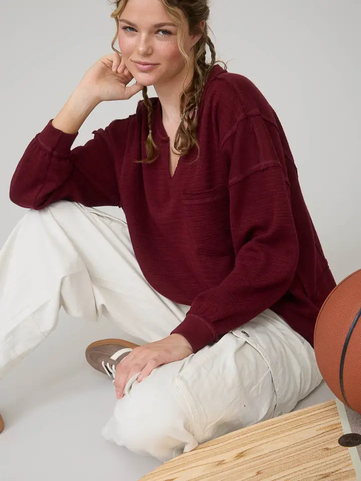 Solid Patchwork Split Neck Knit Top