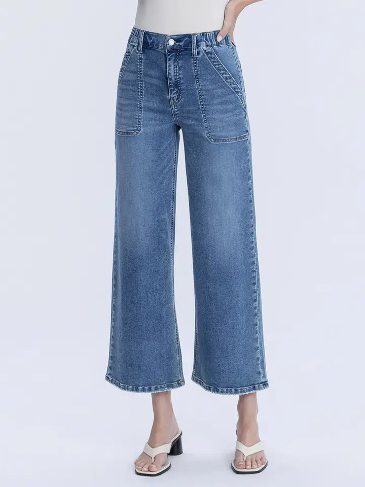 High Rise Elastic Waistband Ankle Baggy Wide Jeans