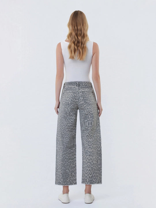 High Rise Drawstring Grey Leopard Barrel Jeans