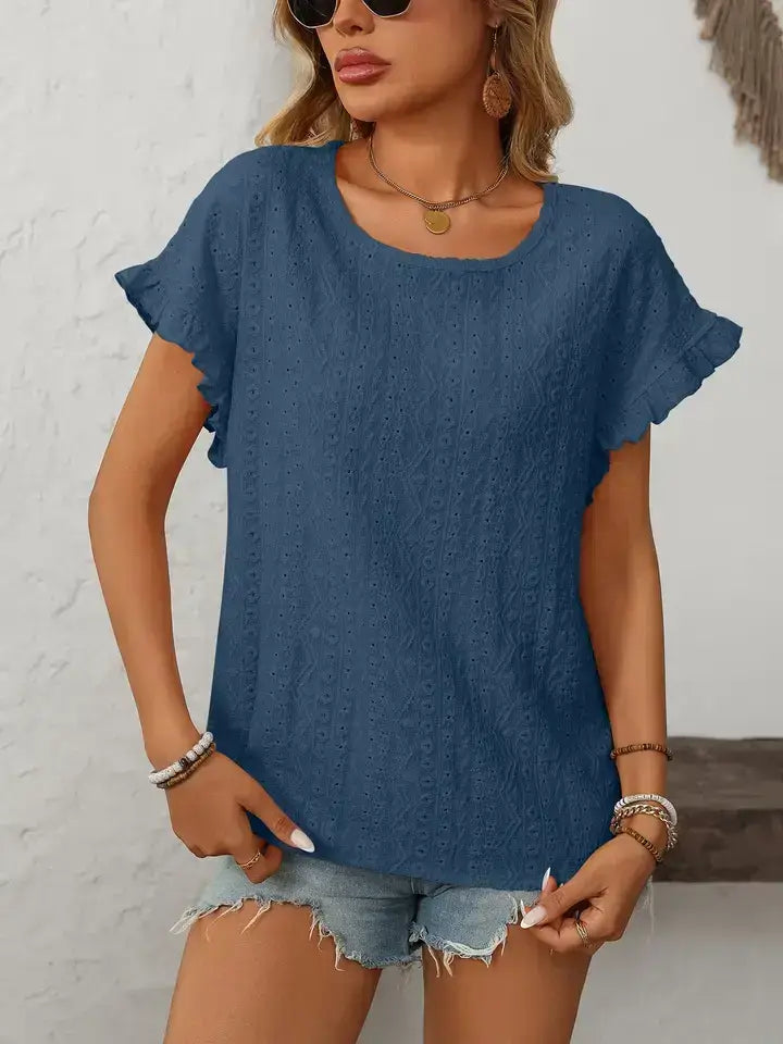 Hollow-Out Crewneck Short Sleeve Summer Top