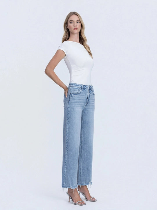 Mid Rise Frayed Hem Ankle Wide Leg Jeans
